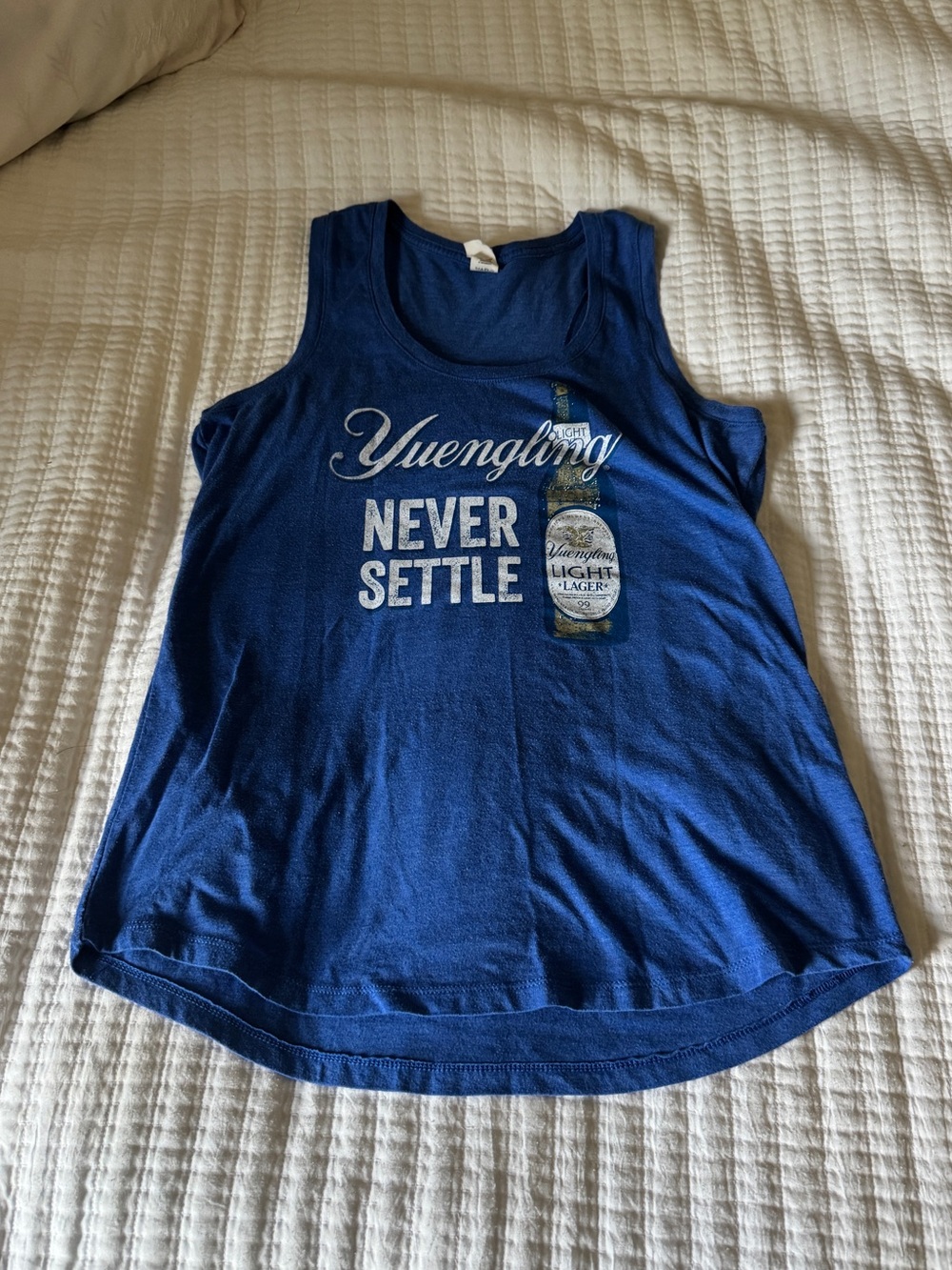 Yuengling Beer Never Settle Blue Tank Top Large L District Made Tri Blend Lager